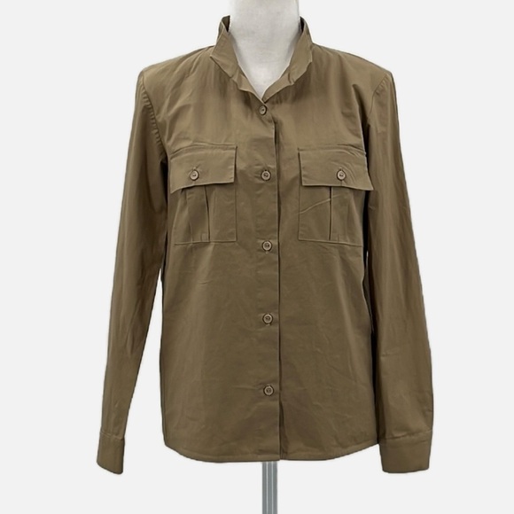 Monica Nera Long Sleeve Mandarin Collar Button Front Shirt in Tan - Size Medium - Picture 1 of 8